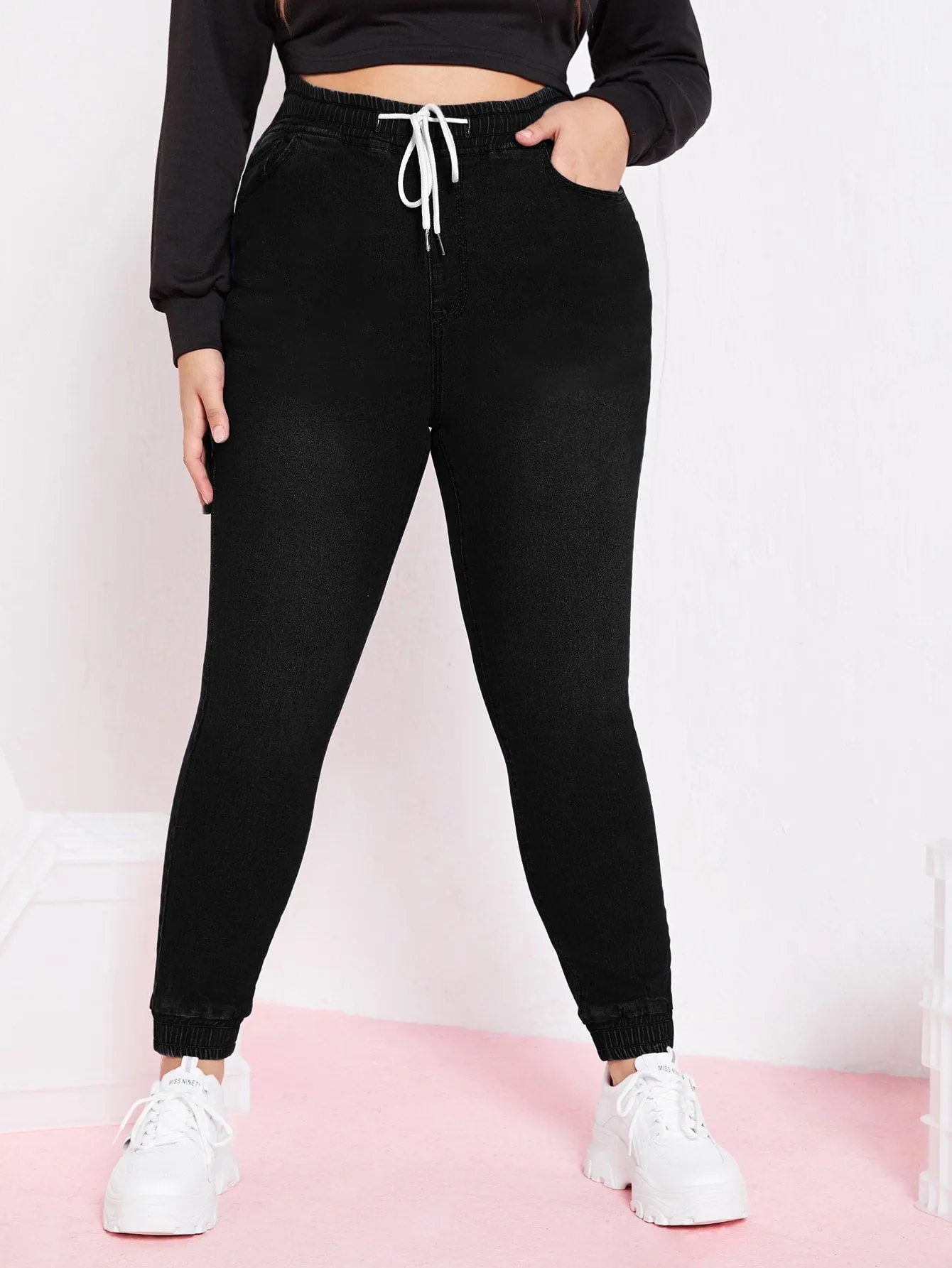 Plain Pocket High Waist Cropped Plus Size Jeans