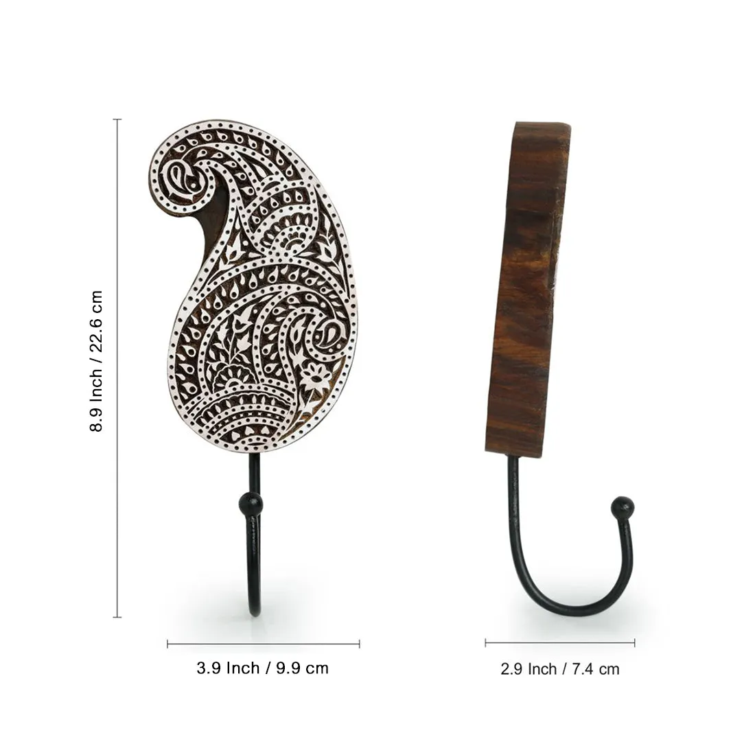 'Pleasant Paisley' Hand-Carved Block Wall Hook & Towel Holder In Sheesham Wood