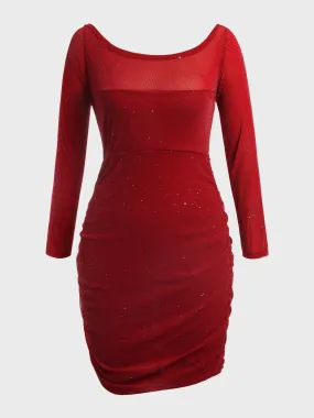 Plus Size Shiny Sheathe Mesh Dress (Red)