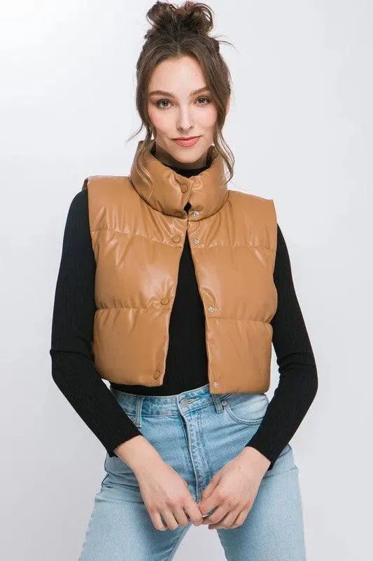 PU Faux Leather Puffer Vest With Snap Button