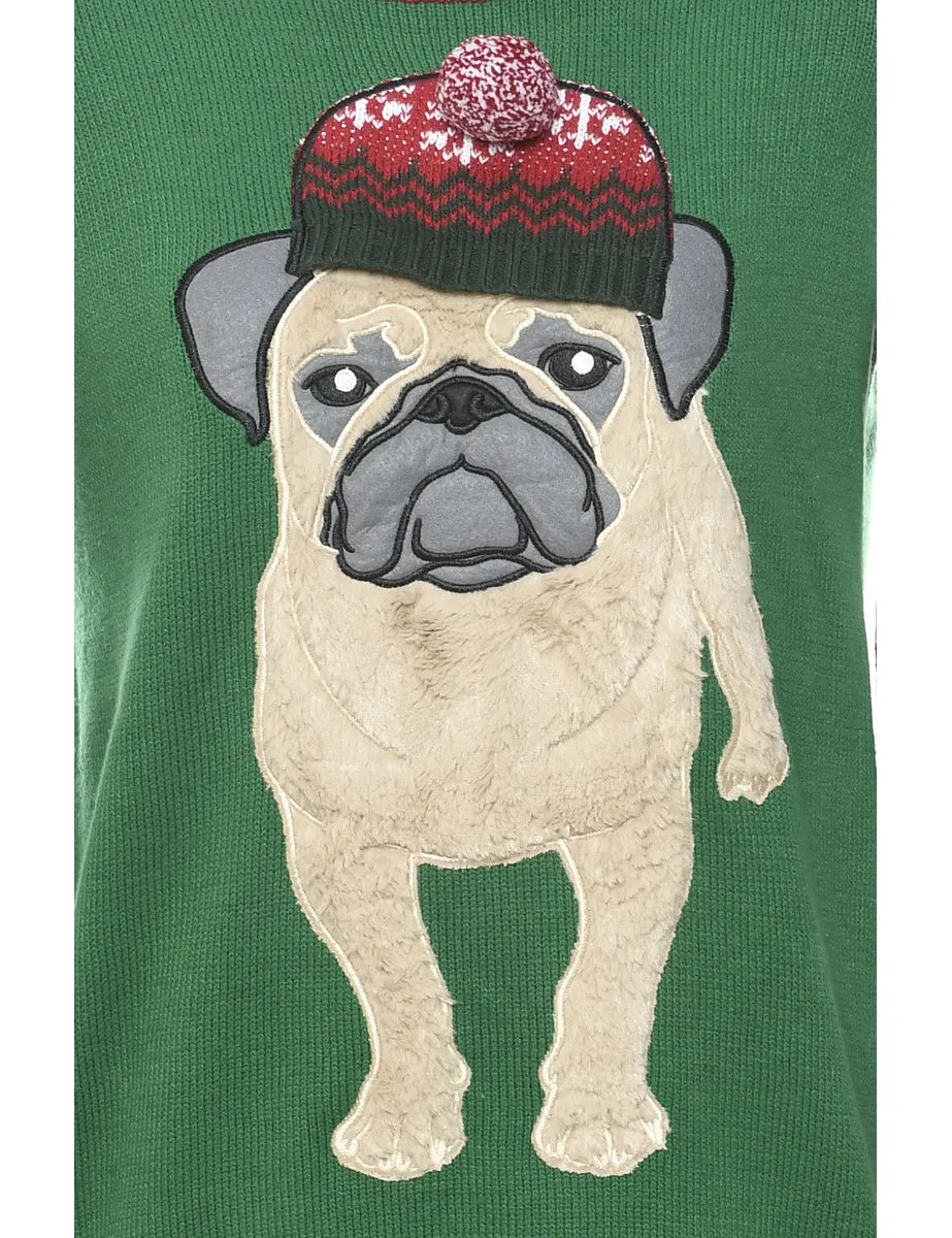 Pug Patchwork Dark Green Christmas Jumper - M