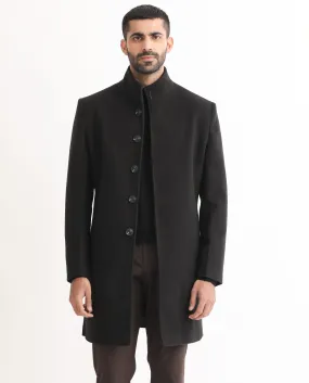 Rare Rabbit Men's Dune Black Textured High Neck Long Coat