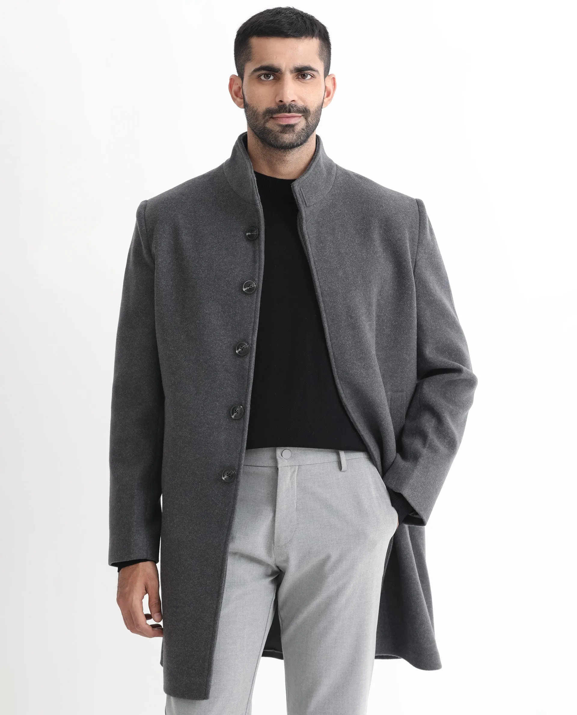 Rare Rabbit Men's Dune Grey Textured High Neck Long Coat