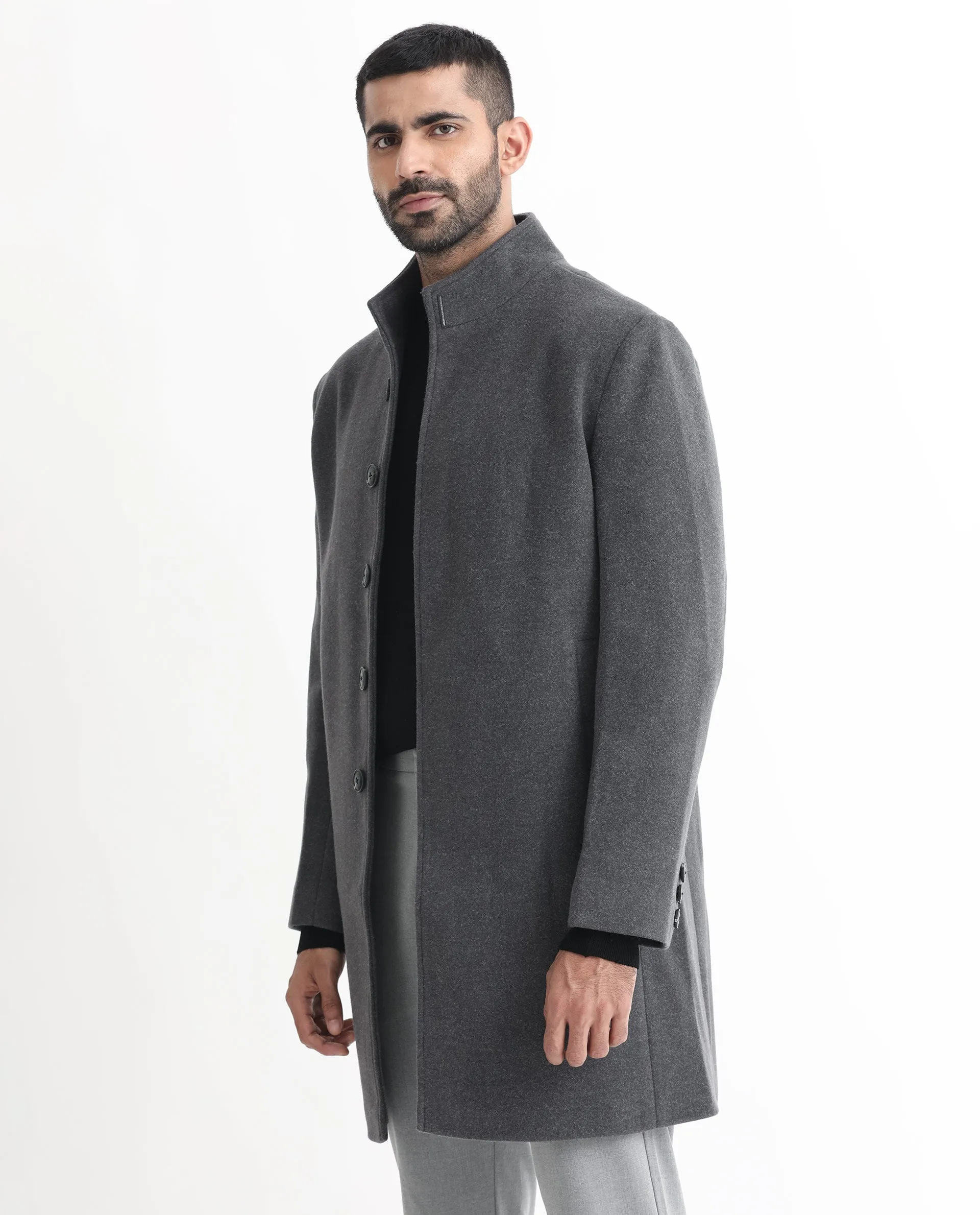 Rare Rabbit Men's Dune Grey Textured High Neck Long Coat