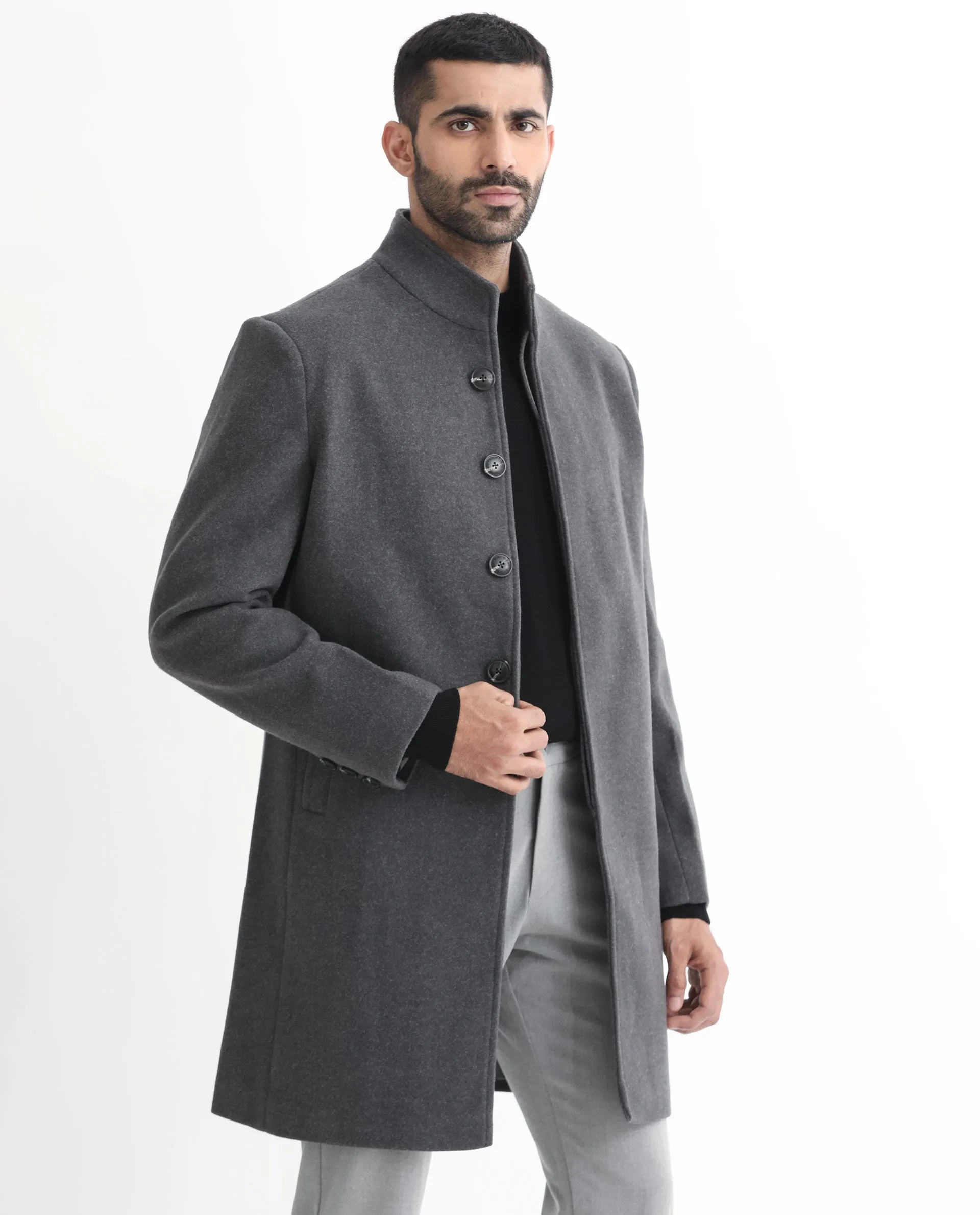 Rare Rabbit Men's Dune Grey Textured High Neck Long Coat