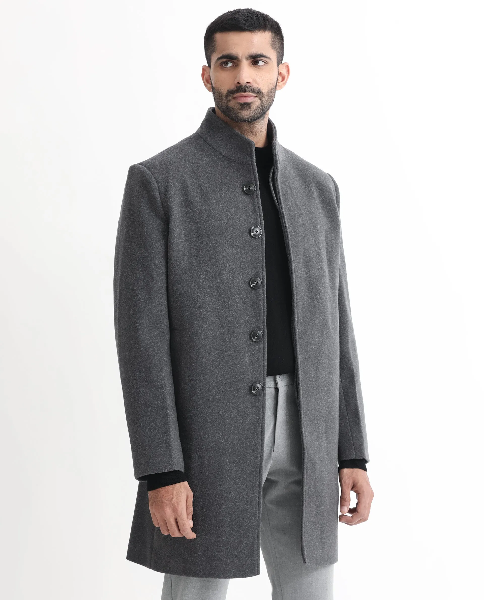 Rare Rabbit Men's Dune Grey Textured High Neck Long Coat