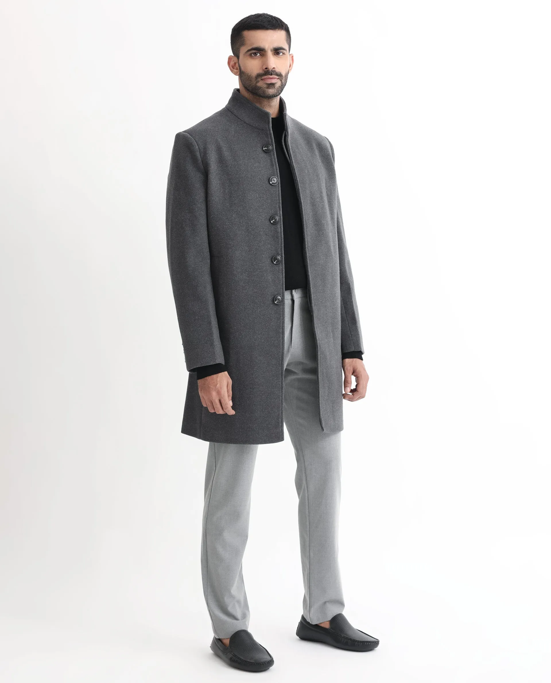 Rare Rabbit Men's Dune Grey Textured High Neck Long Coat