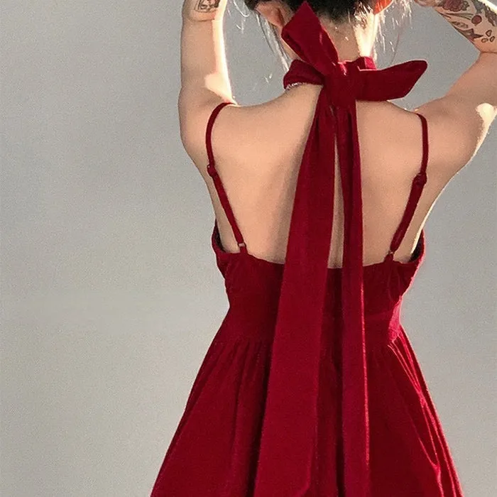 Red Velvet Halter Dress