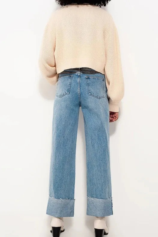 Relaxed Straight Leg Jeans With Turn Up In Bleach Wash