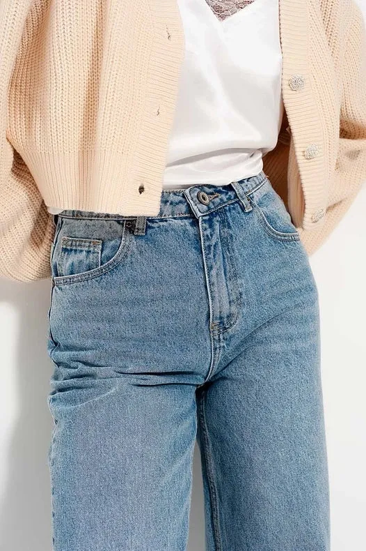 Relaxed Straight Leg Jeans With Turn Up In Bleach Wash