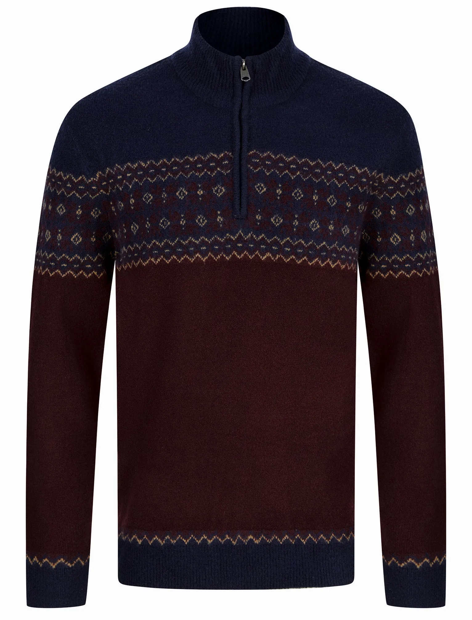 Remedy Quarter Zip Fair Isle Knit Funnel Neck Jumper in Ink - Kensington Eastside