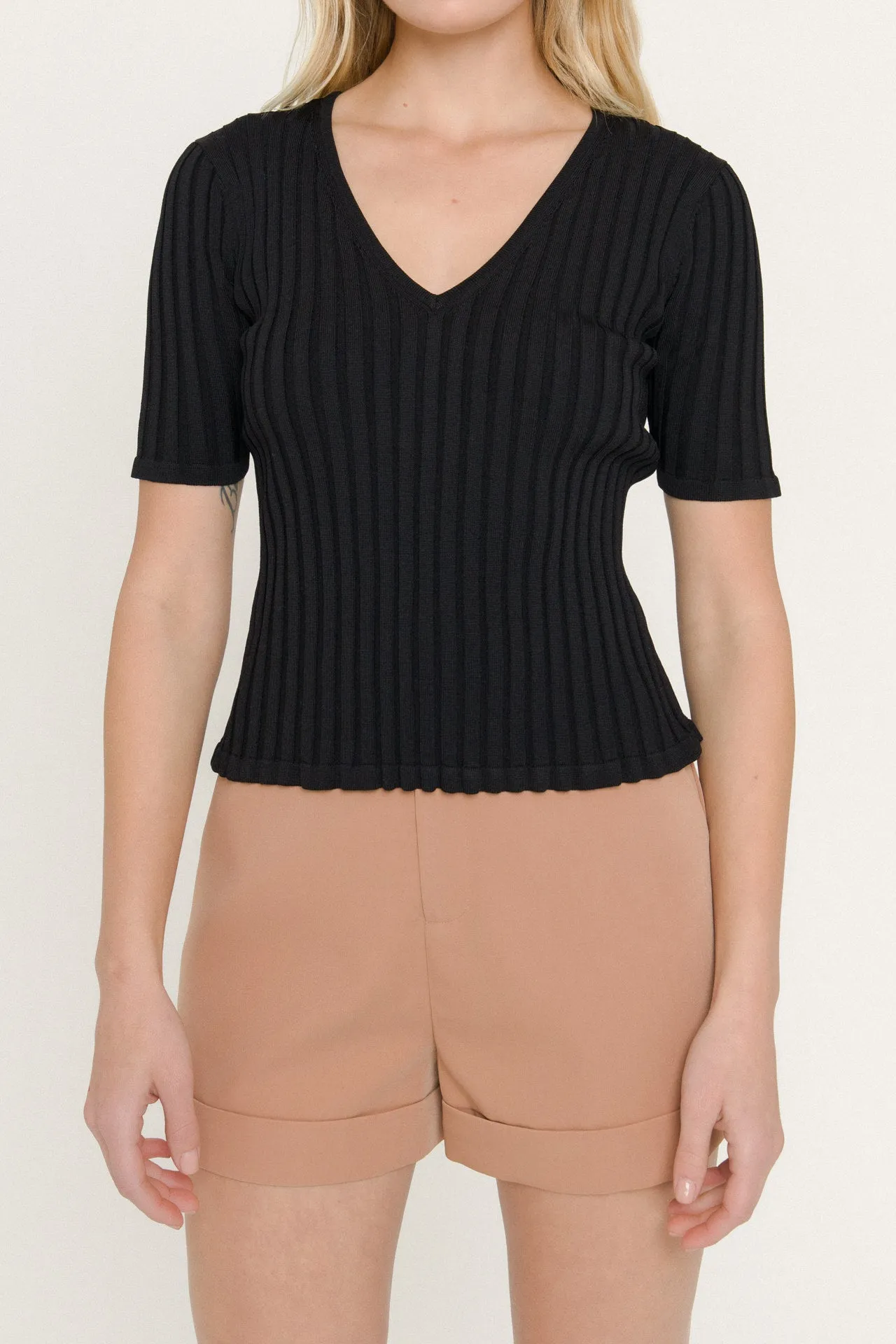 Ribbed Short Sleeve Knit Top