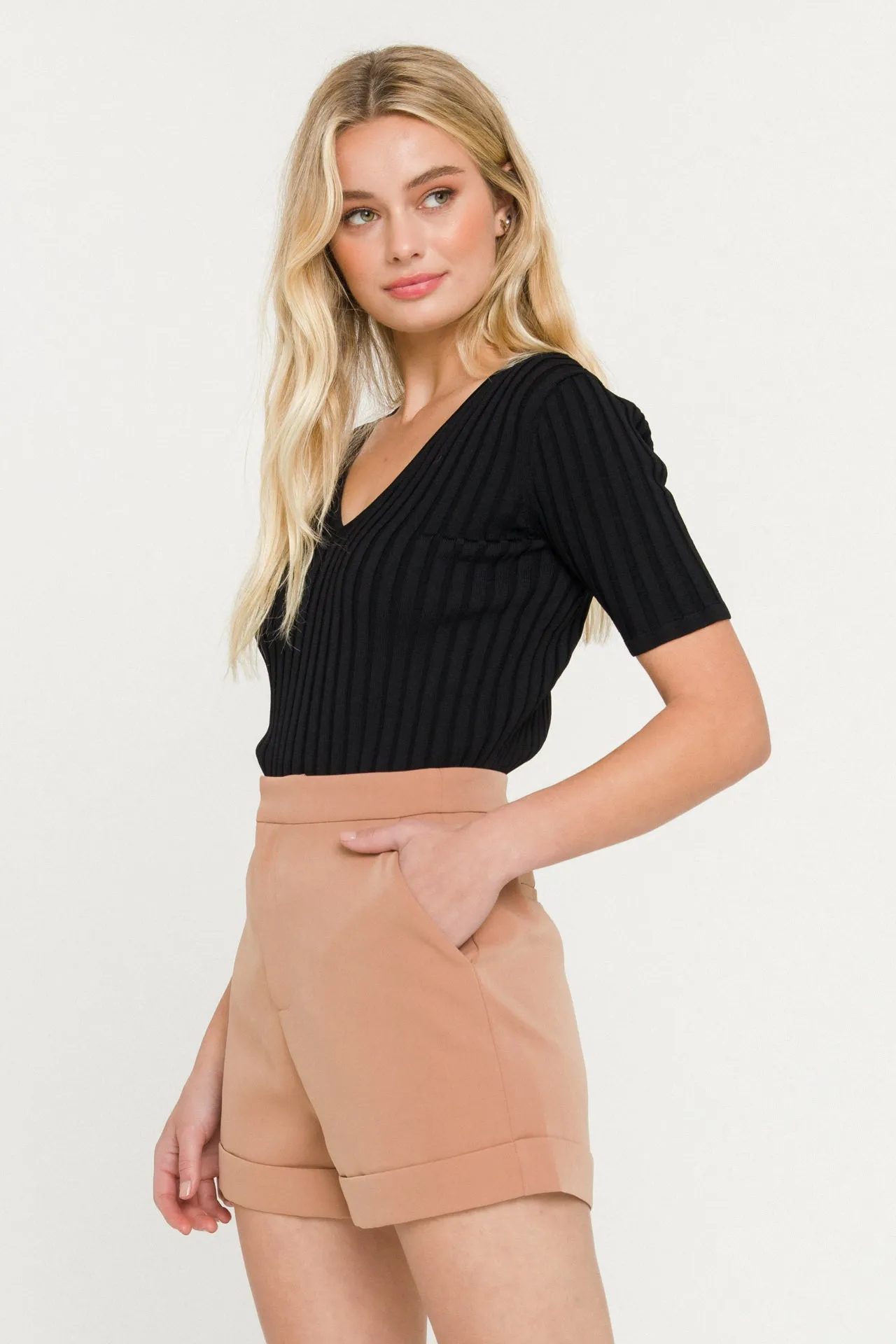 Ribbed Short Sleeve Knit Top