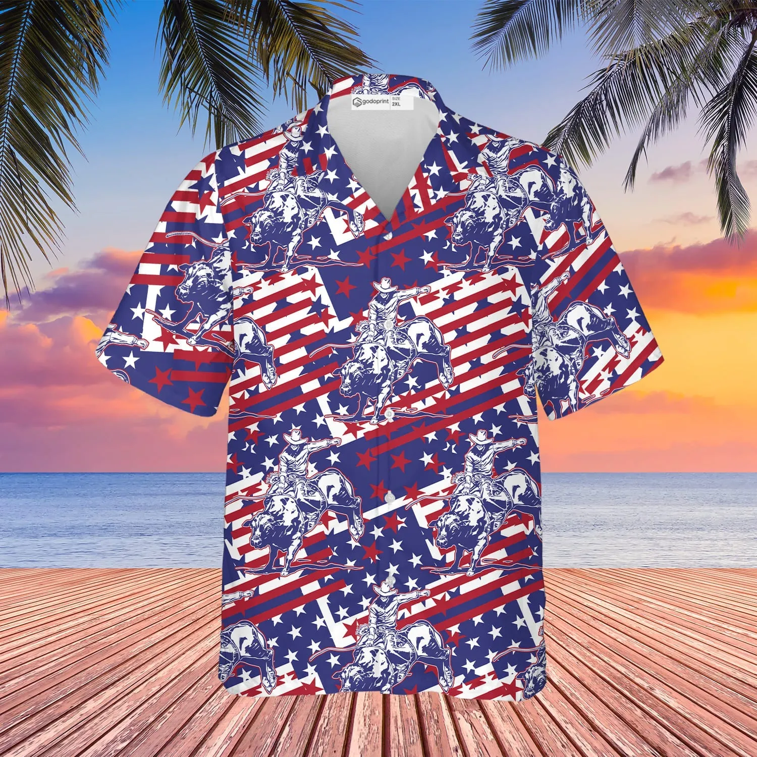 Rodeo Bull Rider Patriotic American Flag Hawaiian Shirt , Cowboys Button Down Summer Beach Dress Shirts