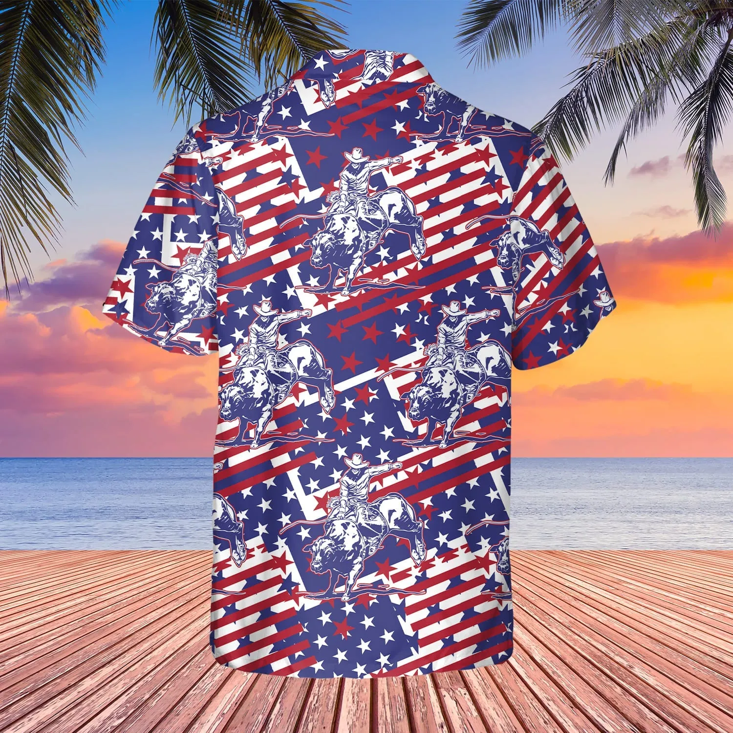 Rodeo Bull Rider Patriotic American Flag Hawaiian Shirt , Cowboys Button Down Summer Beach Dress Shirts