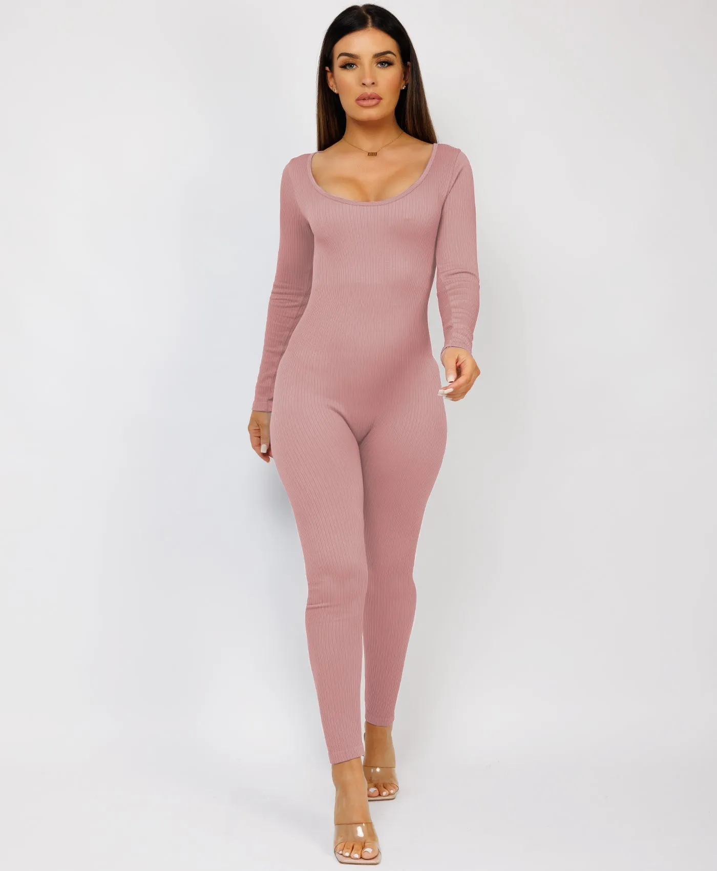 Rose Pink Elastic Ribbed Round Neck Jumpsuit