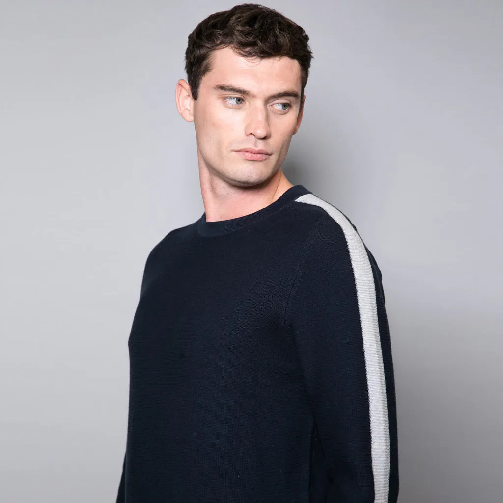 Rupert Crew Neck Jumper With Stripe Sleeve In Navy