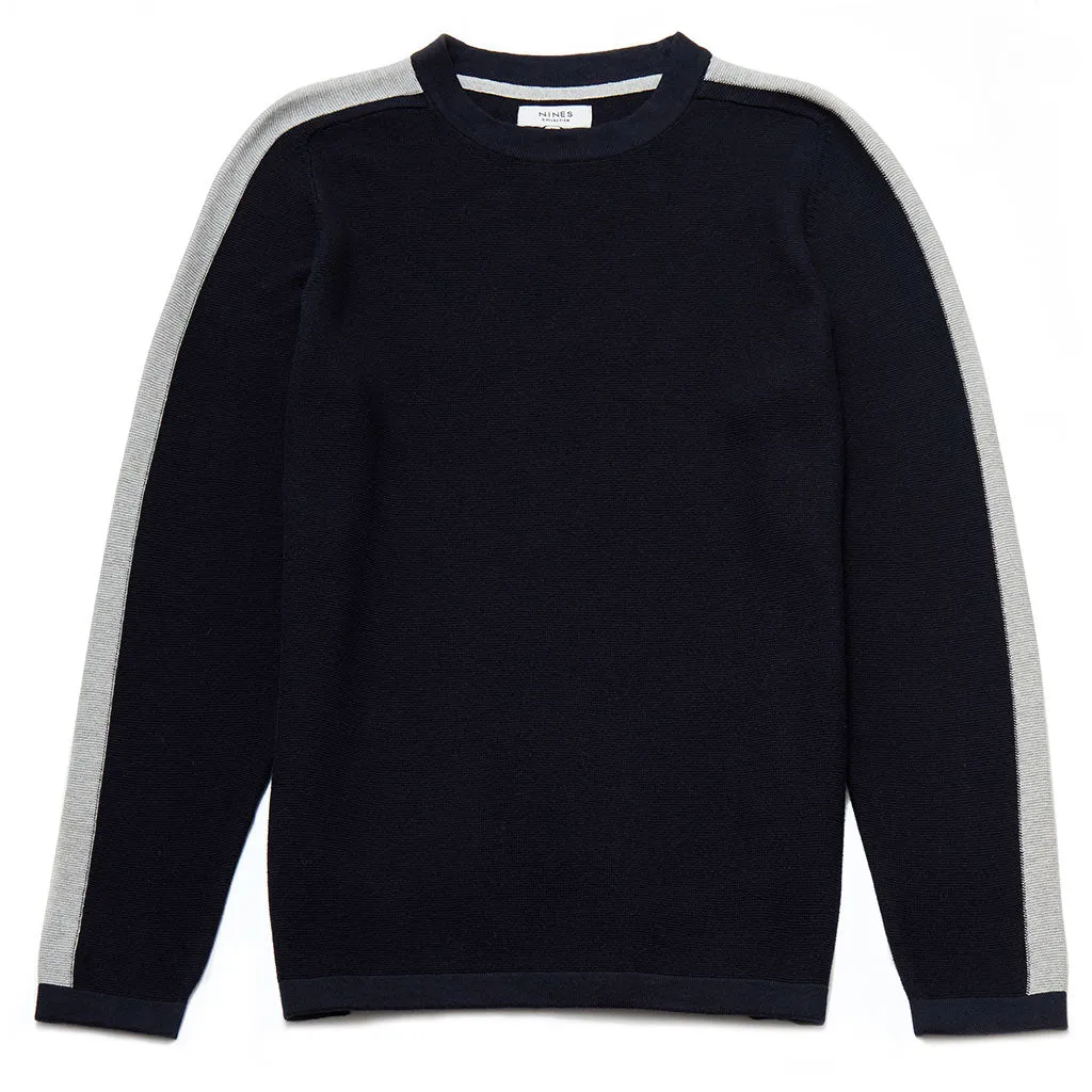 Rupert Crew Neck Jumper With Stripe Sleeve In Navy