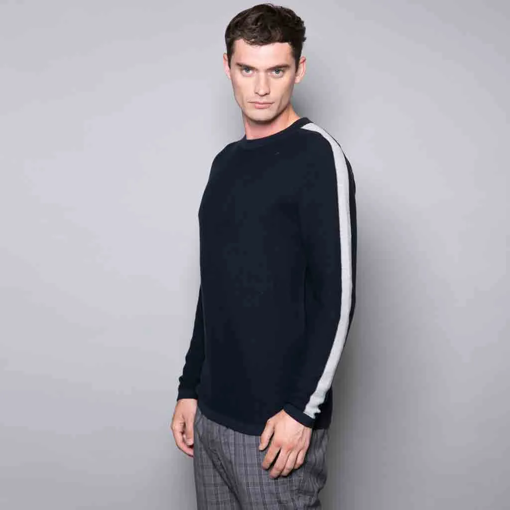 Rupert Crew Neck Jumper With Stripe Sleeve In Navy