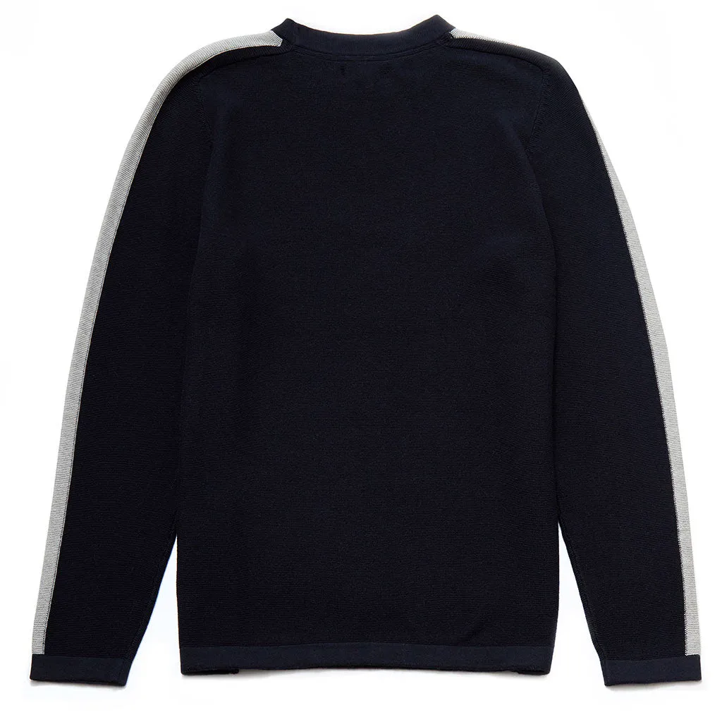 Rupert Crew Neck Jumper With Stripe Sleeve In Navy