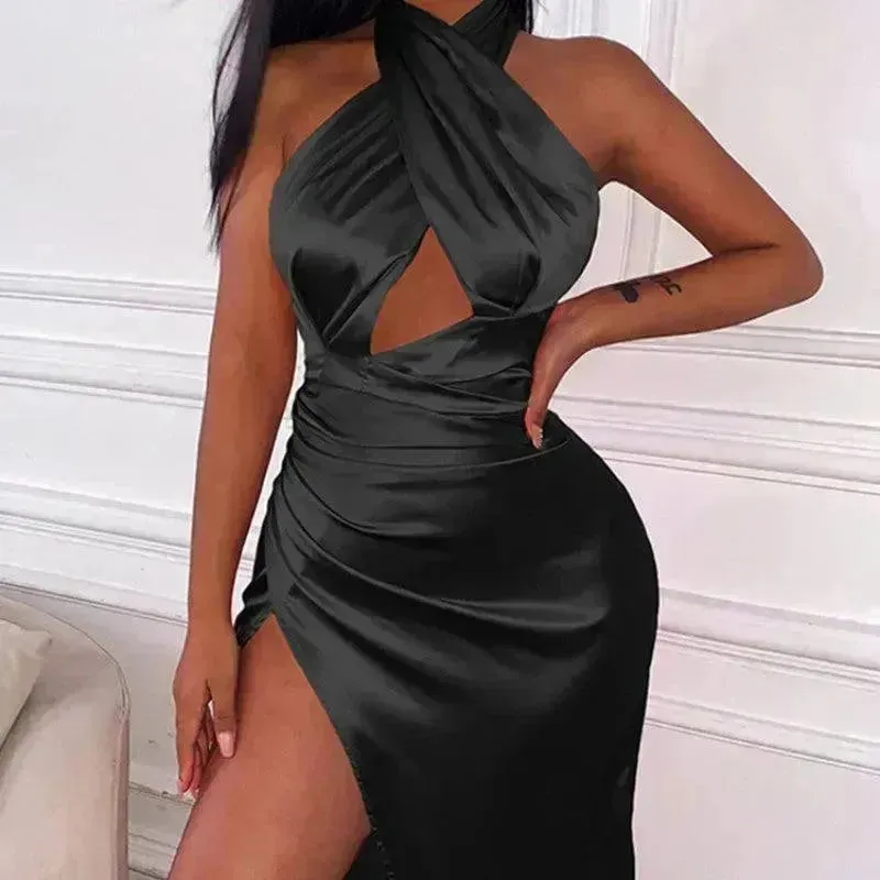 Satin Halter Cross Backless Split Dress