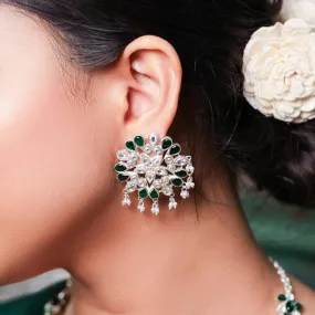 SILVER 92.5 GREEN KUNDAN EARRING