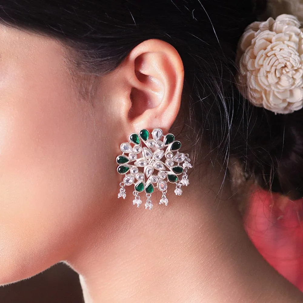 SILVER 92.5 GREEN KUNDAN EARRING