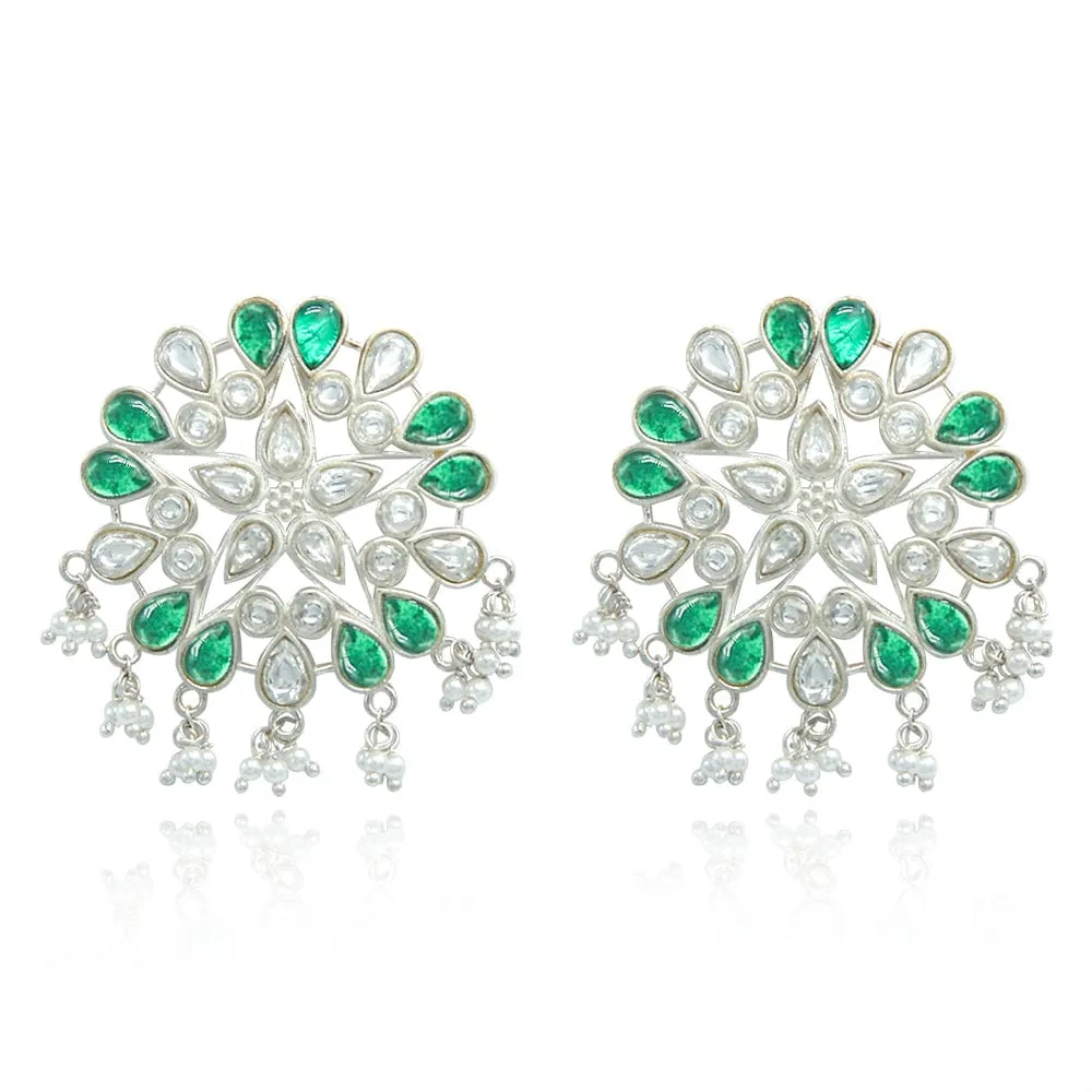 SILVER 92.5 GREEN KUNDAN EARRING