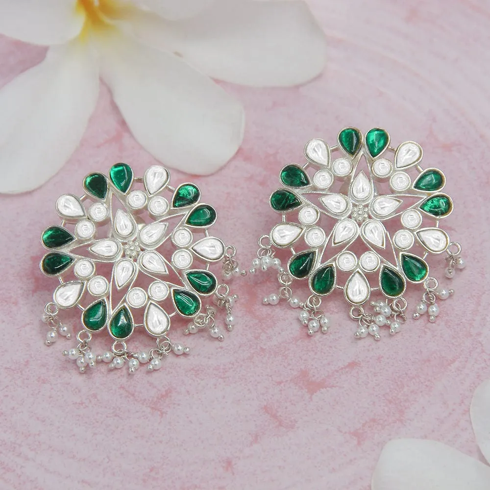 SILVER 92.5 GREEN KUNDAN EARRING