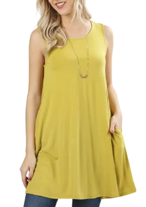 Sleeveless Swing Tunic with Pockets - Wasabi