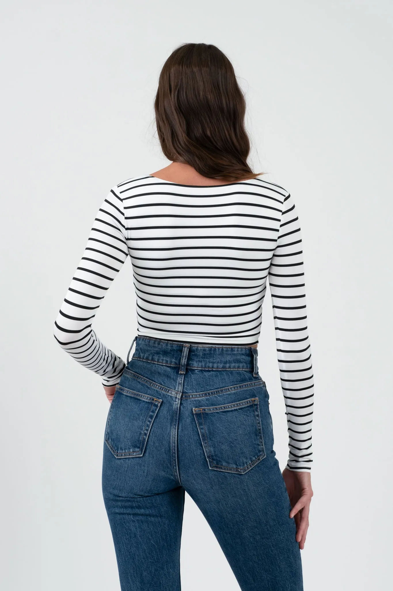 SQUARE NECK STRIPED LONG SLEEVE CROPPED KNIT TOP