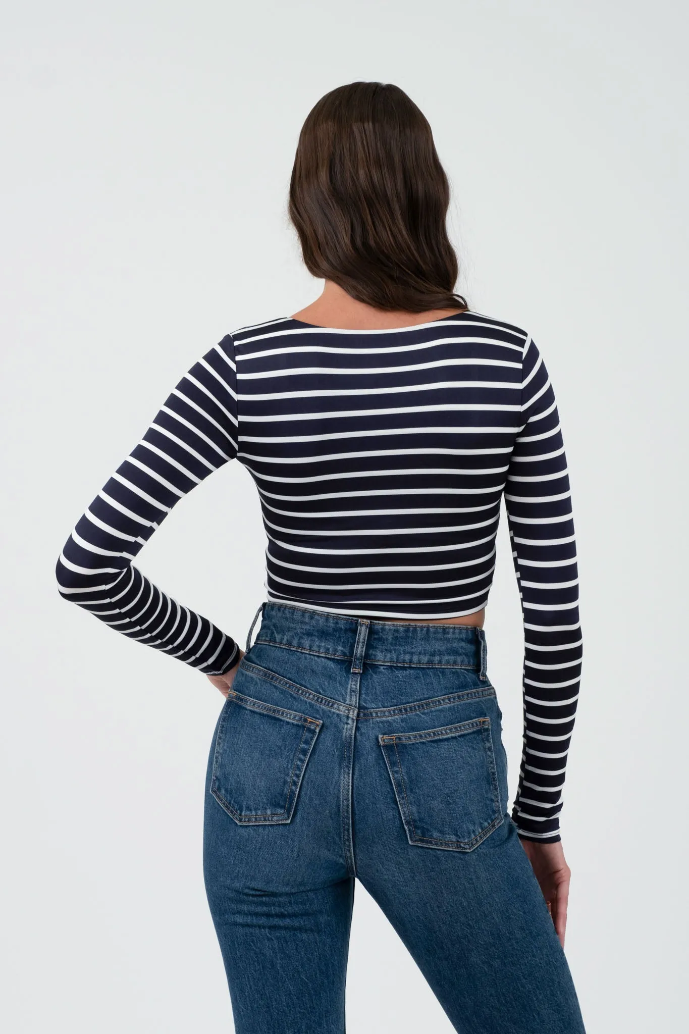 SQUARE NECK STRIPED LONG SLEEVE CROPPED KNIT TOP