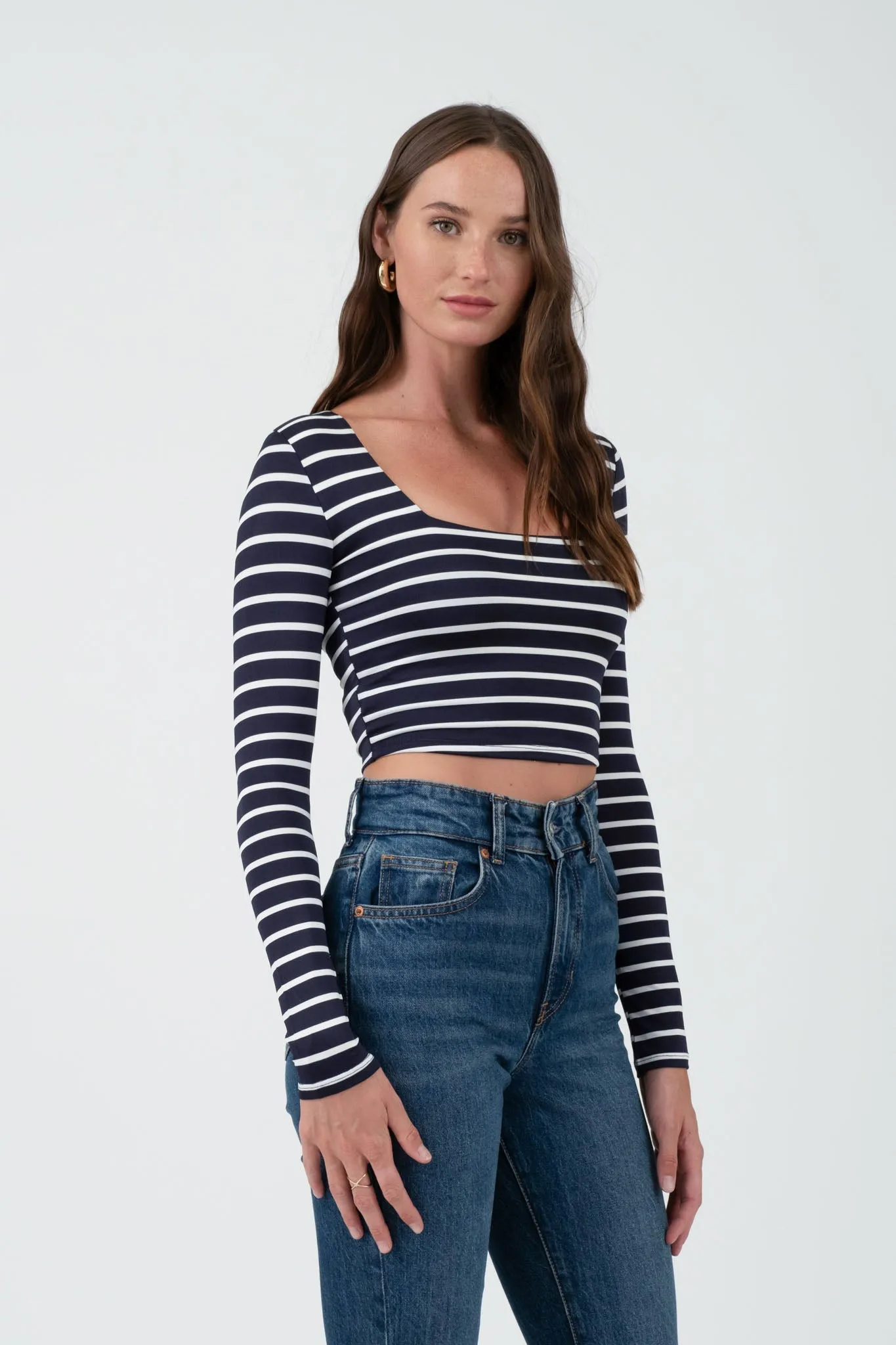 SQUARE NECK STRIPED LONG SLEEVE CROPPED KNIT TOP