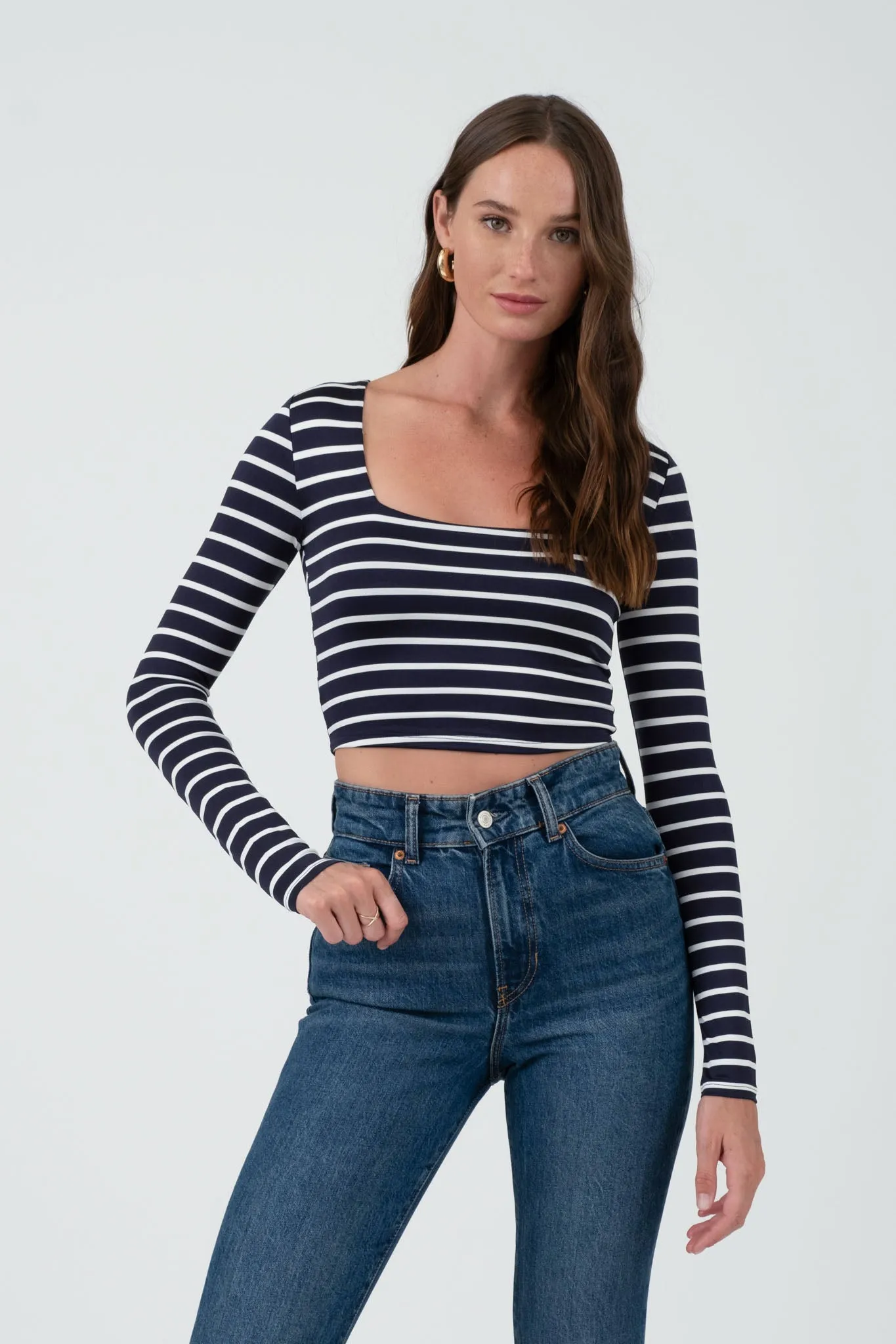 SQUARE NECK STRIPED LONG SLEEVE CROPPED KNIT TOP