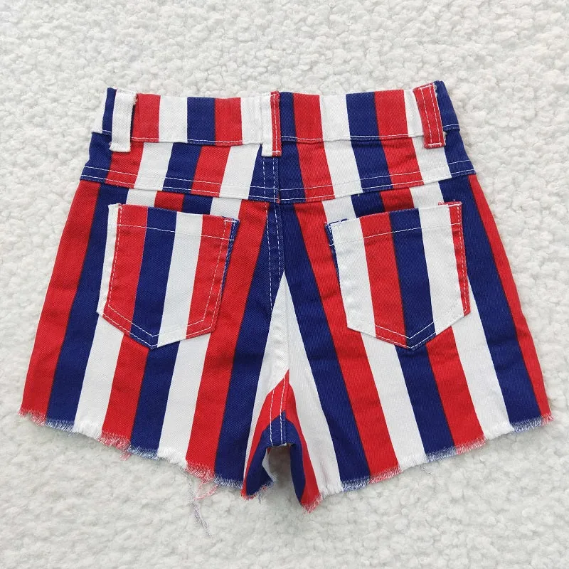 SS0082 National Day red and blue striped denim shorts