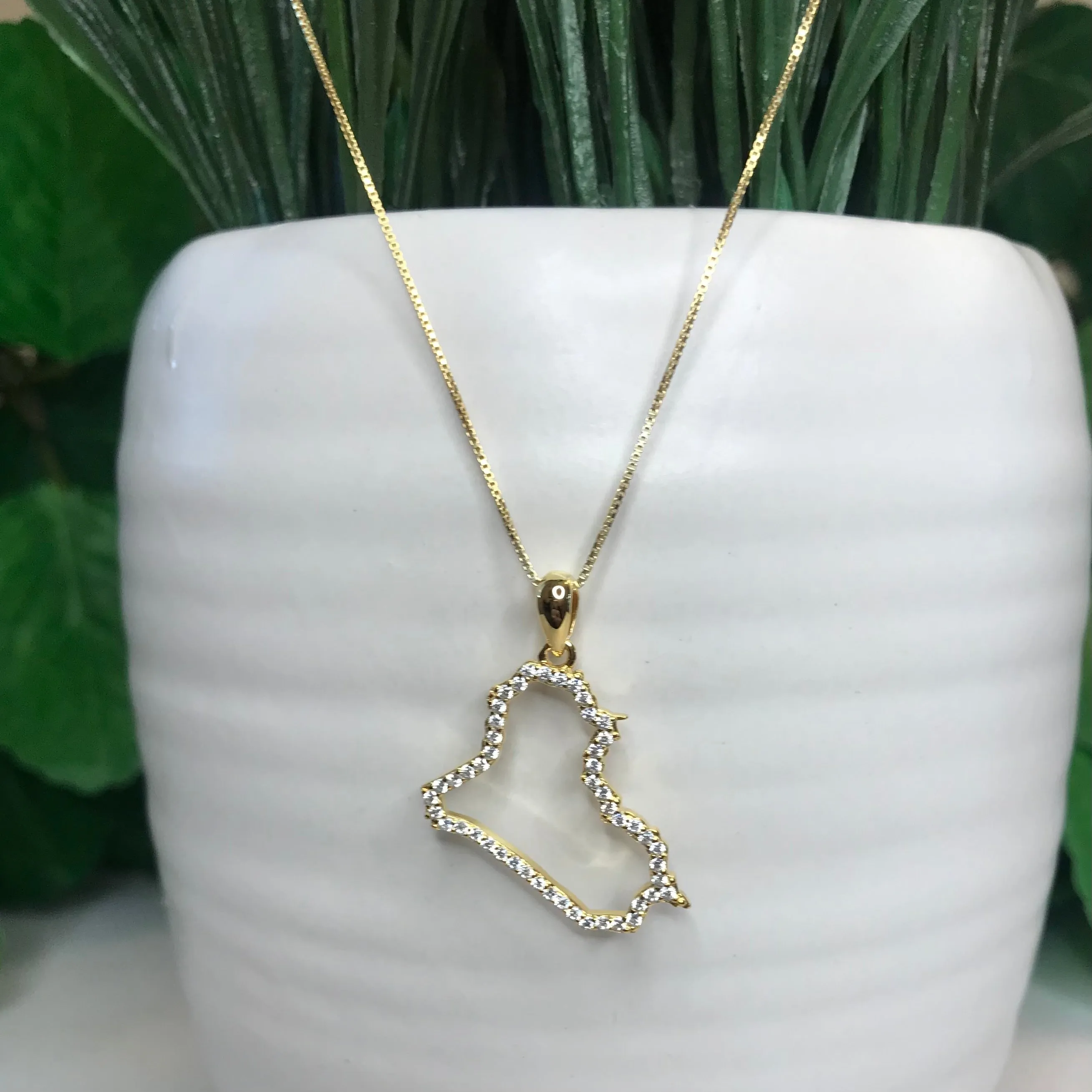 Sterling Silver Iraq Map CZ Outline Necklace - Available in 3 Colors