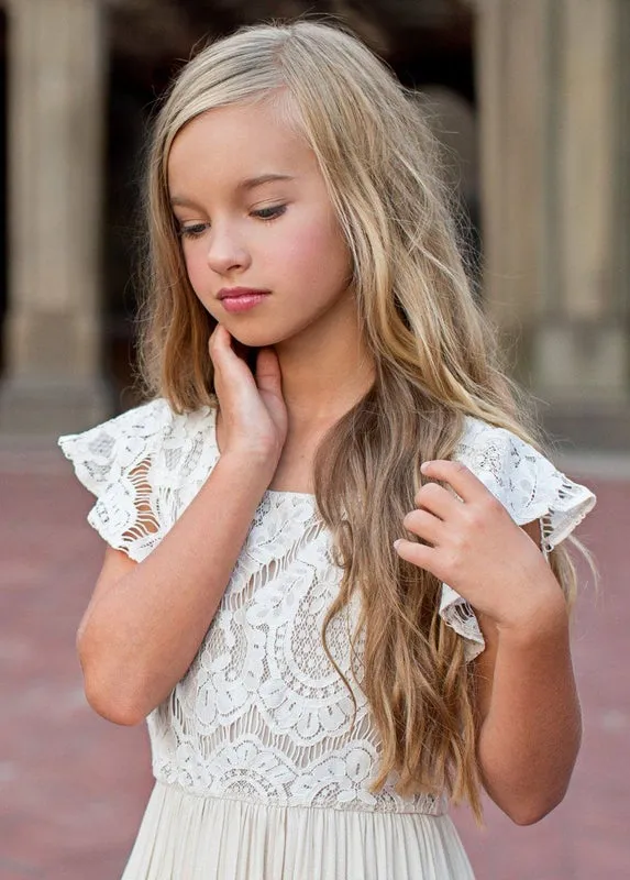 Talia - Girls Long Lace Boho Dress, Ivory