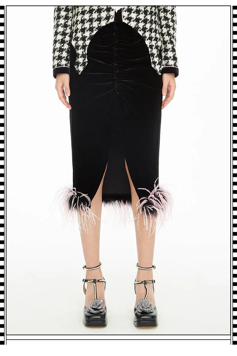 Tassle feather hem velvet fishtail skirt - Cara