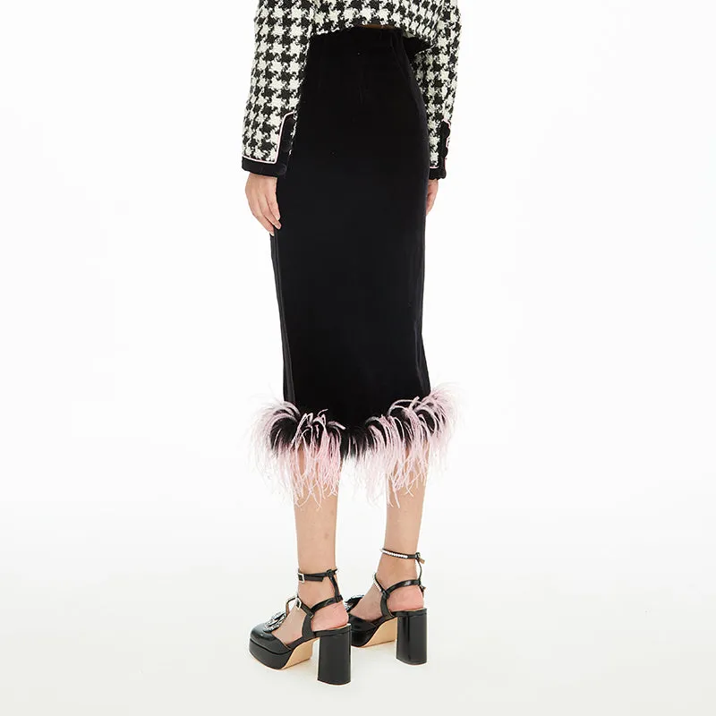 Tassle feather hem velvet fishtail skirt - Cara