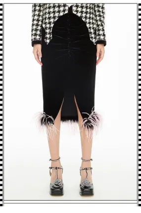 Tassle feather hem velvet fishtail skirt - Cara