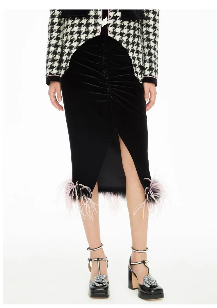 Tassle feather hem velvet fishtail skirt - Cara