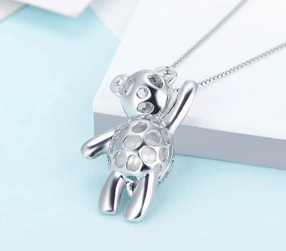 Teddy Bear Sterling Silver Cage Necklace Set