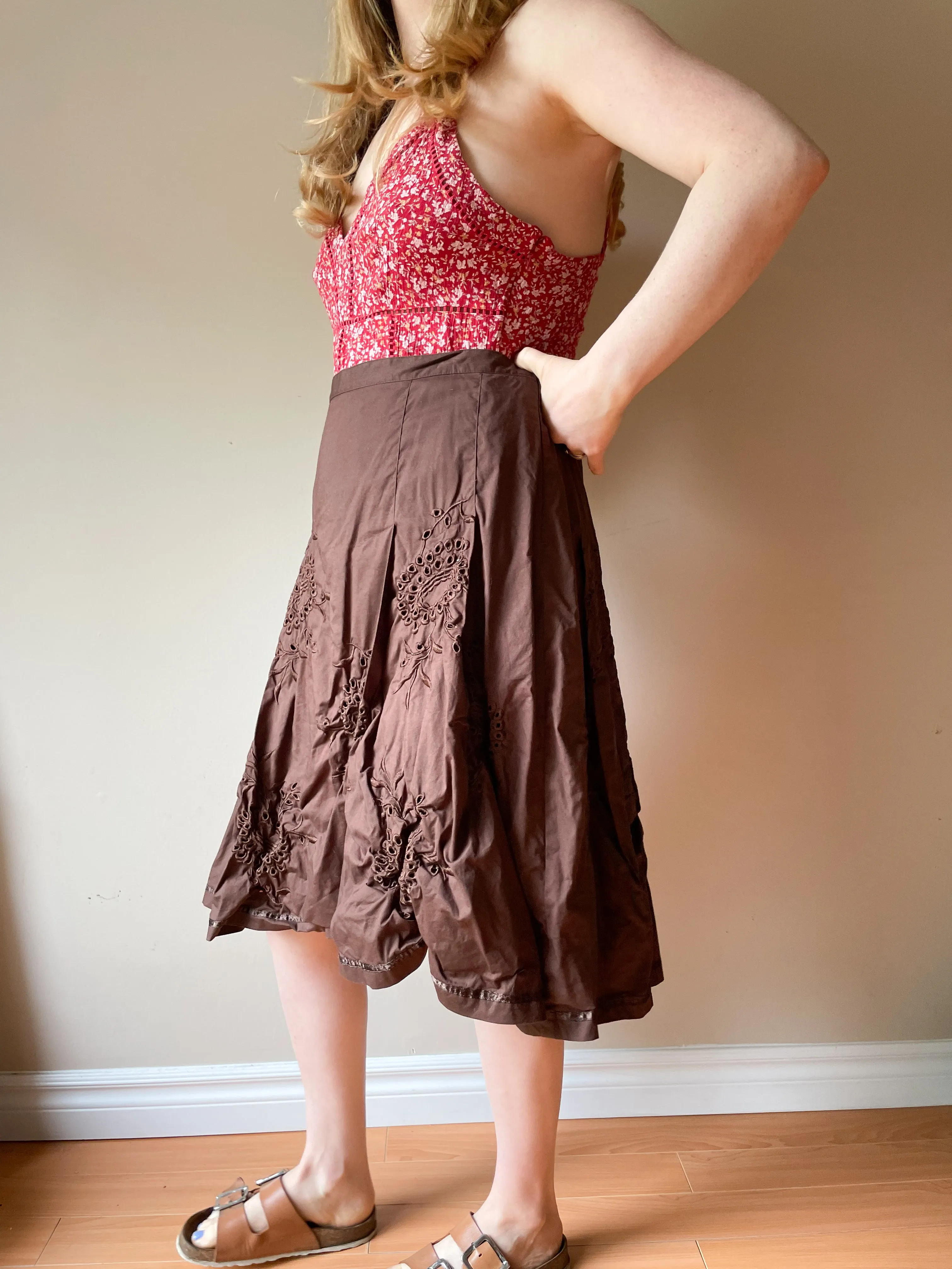 TOGO Brown Eyelet Cotton Stretch A-Line Skirt - Size 12