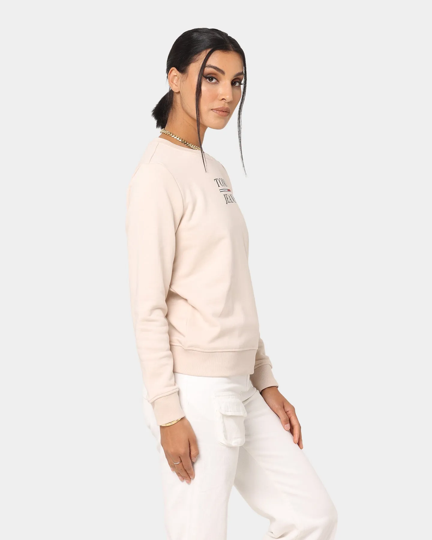 Tommy Jeans Women's Slim Terry Logo Crewneck Smooth Stone