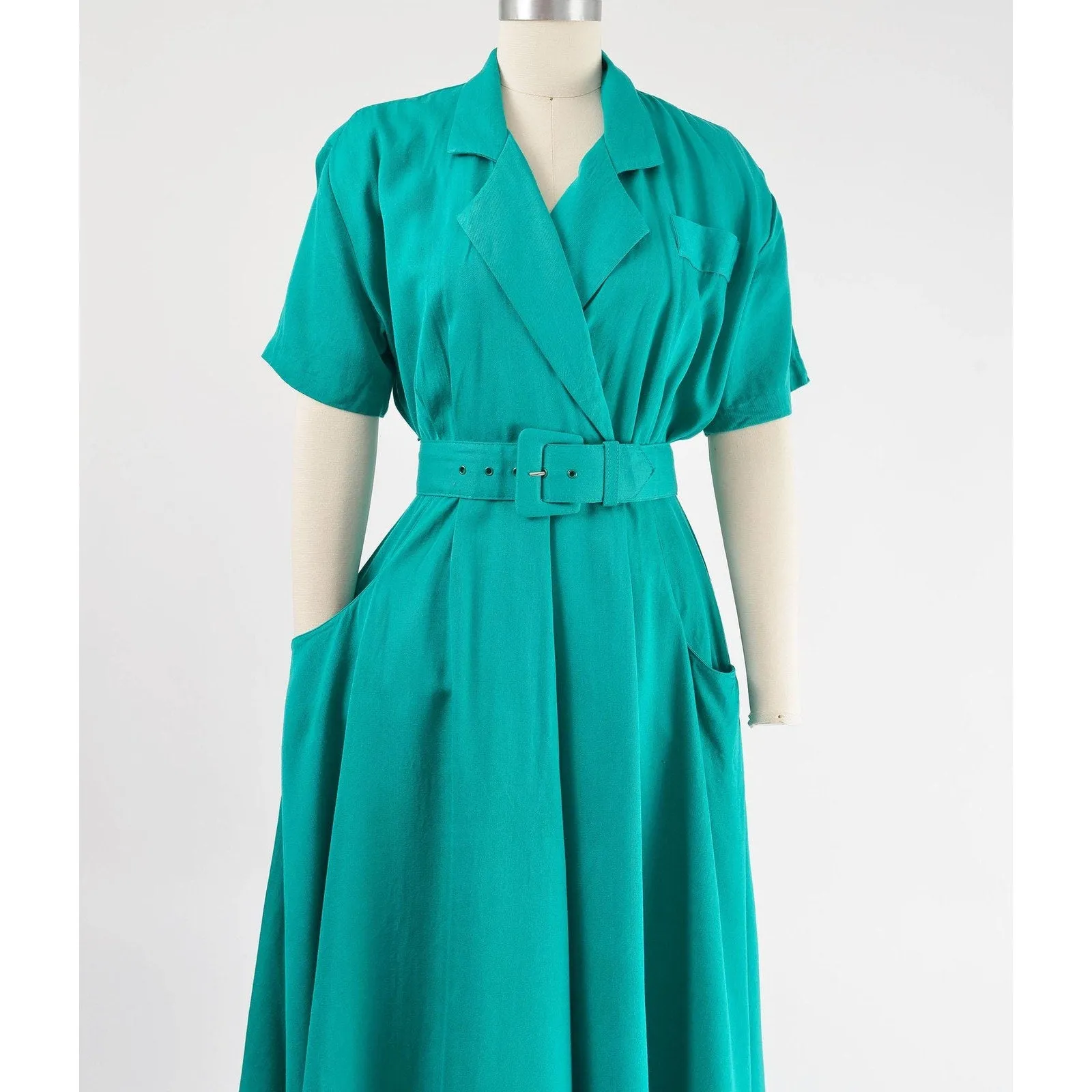 Vintage 80s Teal Green Collared Full Skirt Midi Shift Dress Pockets and Belt size Small