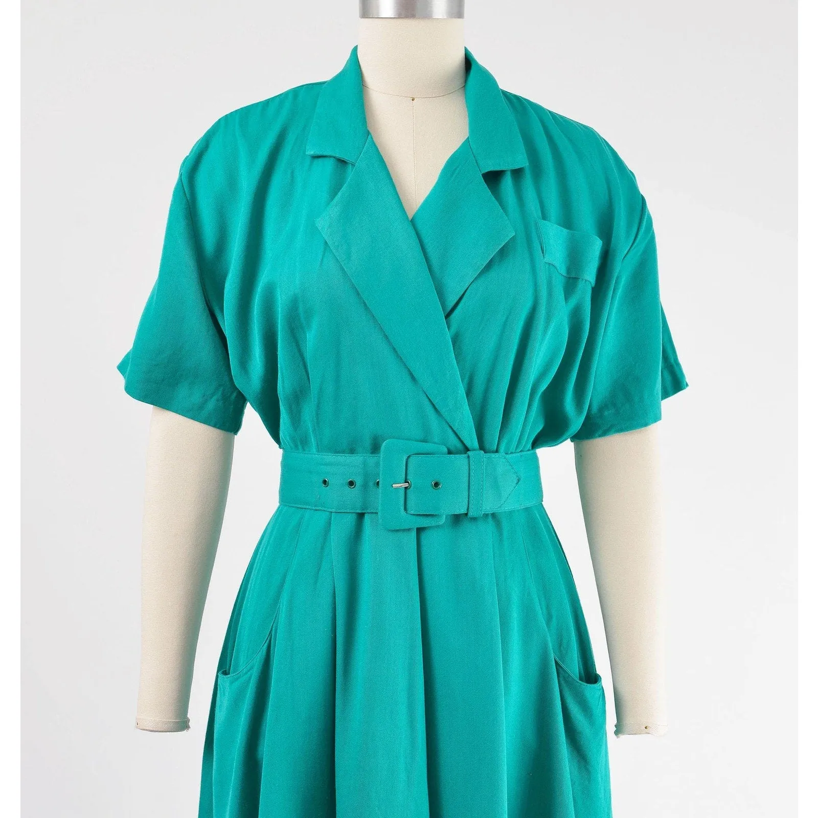 Vintage 80s Teal Green Collared Full Skirt Midi Shift Dress Pockets and Belt size Small