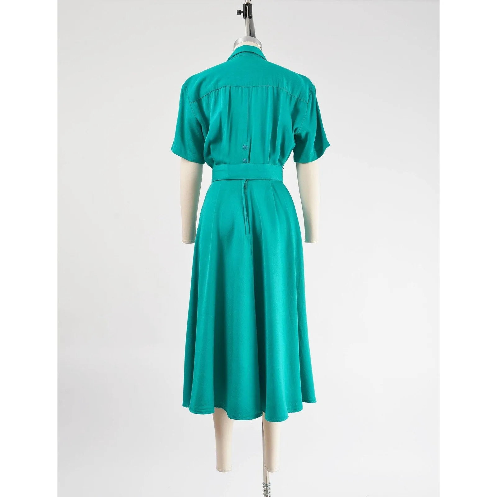 Vintage 80s Teal Green Collared Full Skirt Midi Shift Dress Pockets and Belt size Small