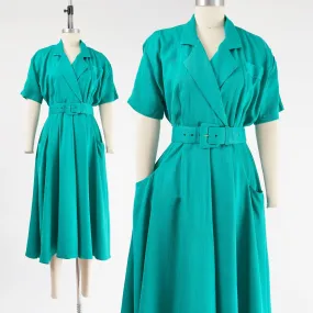 Vintage 80s Teal Green Collared Full Skirt Midi Shift Dress Pockets and Belt size Small