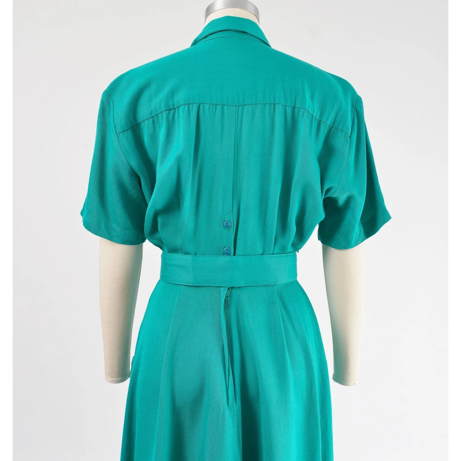 Vintage 80s Teal Green Collared Full Skirt Midi Shift Dress Pockets and Belt size Small