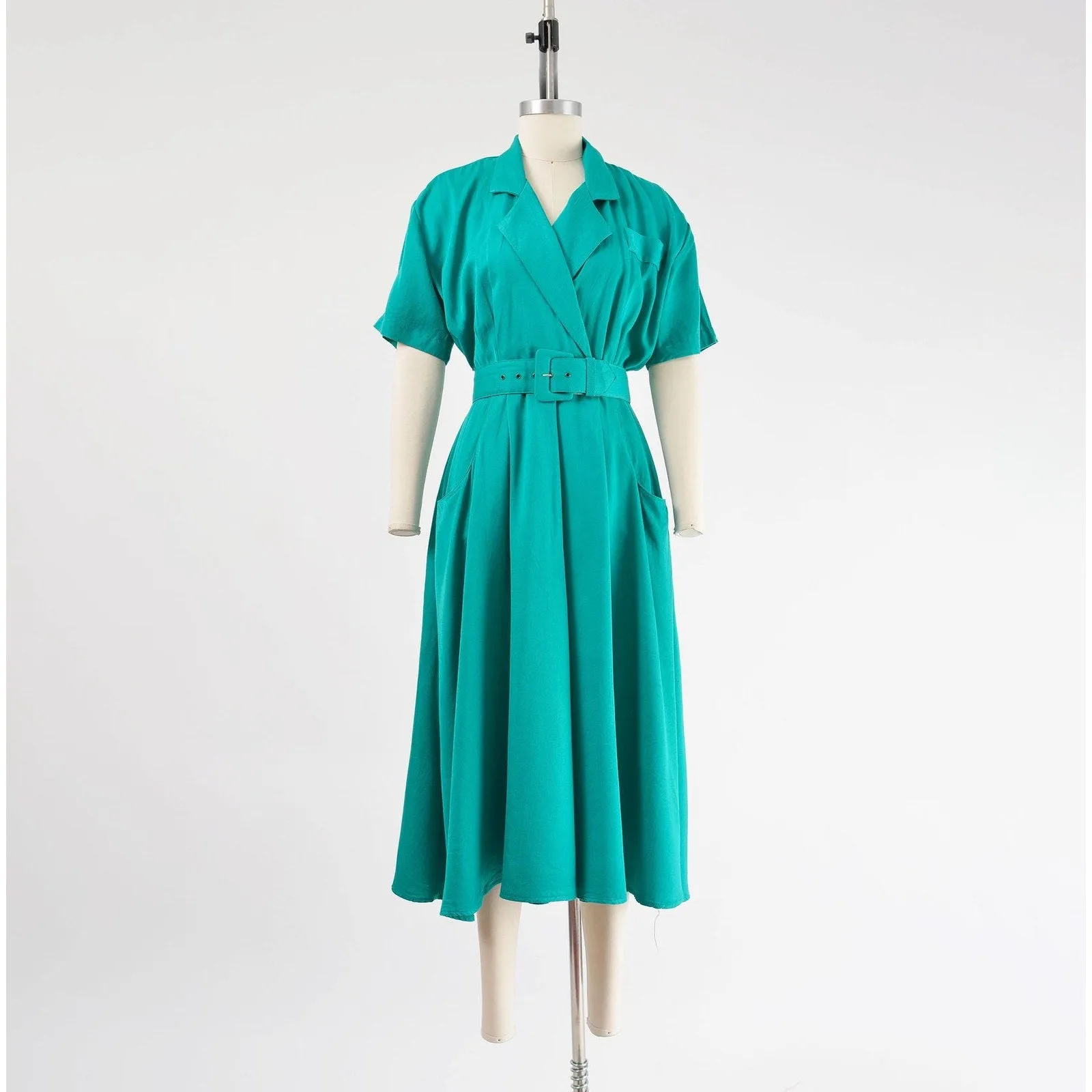 Vintage 80s Teal Green Collared Full Skirt Midi Shift Dress Pockets and Belt size Small